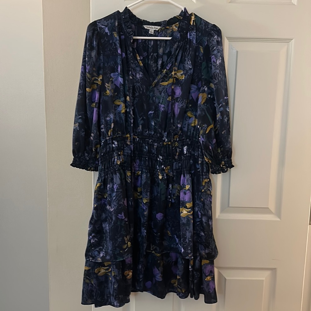 Floral Long Sleeve Smocked Waist Dress - Navy / Purple